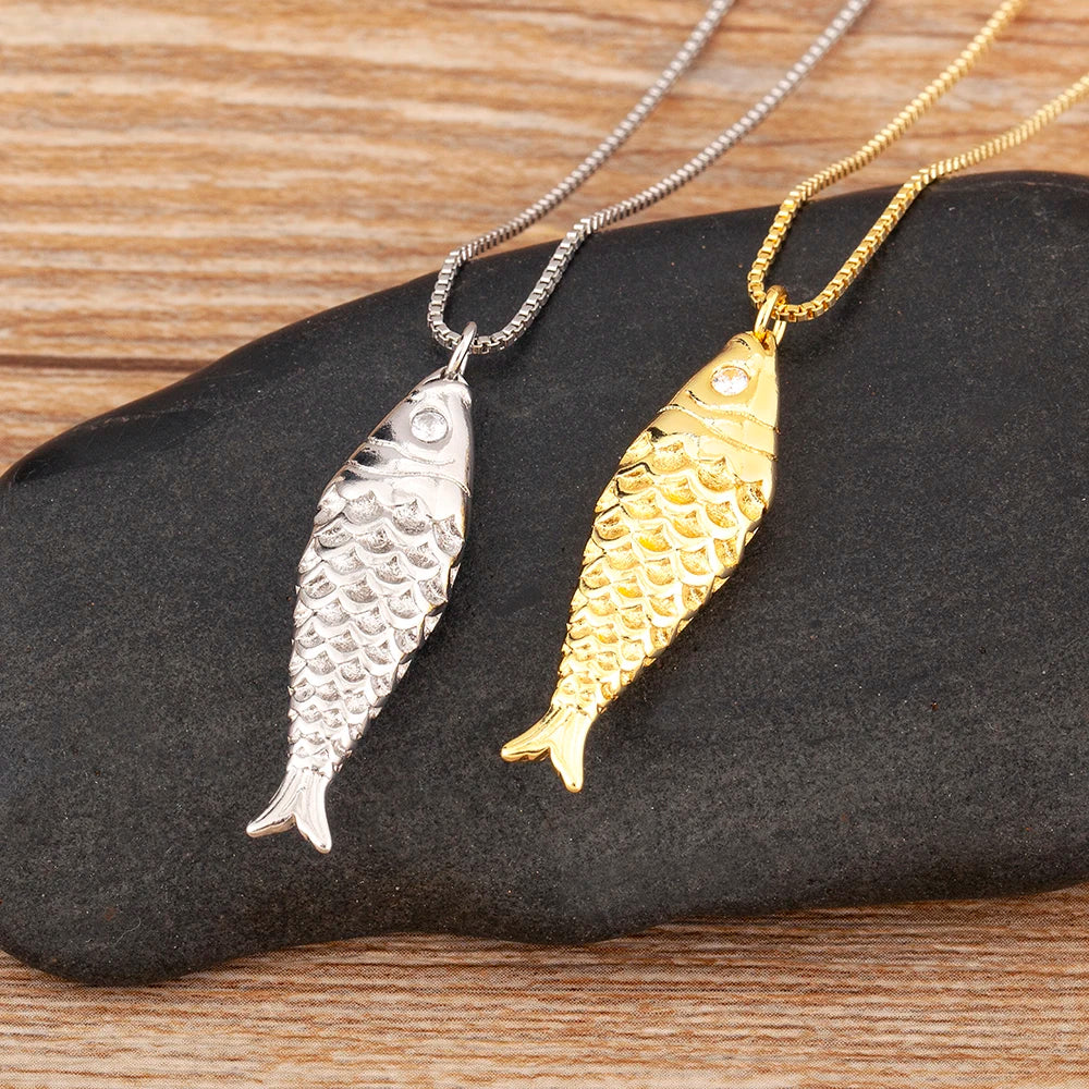 Fish Zircon Charm Necklace